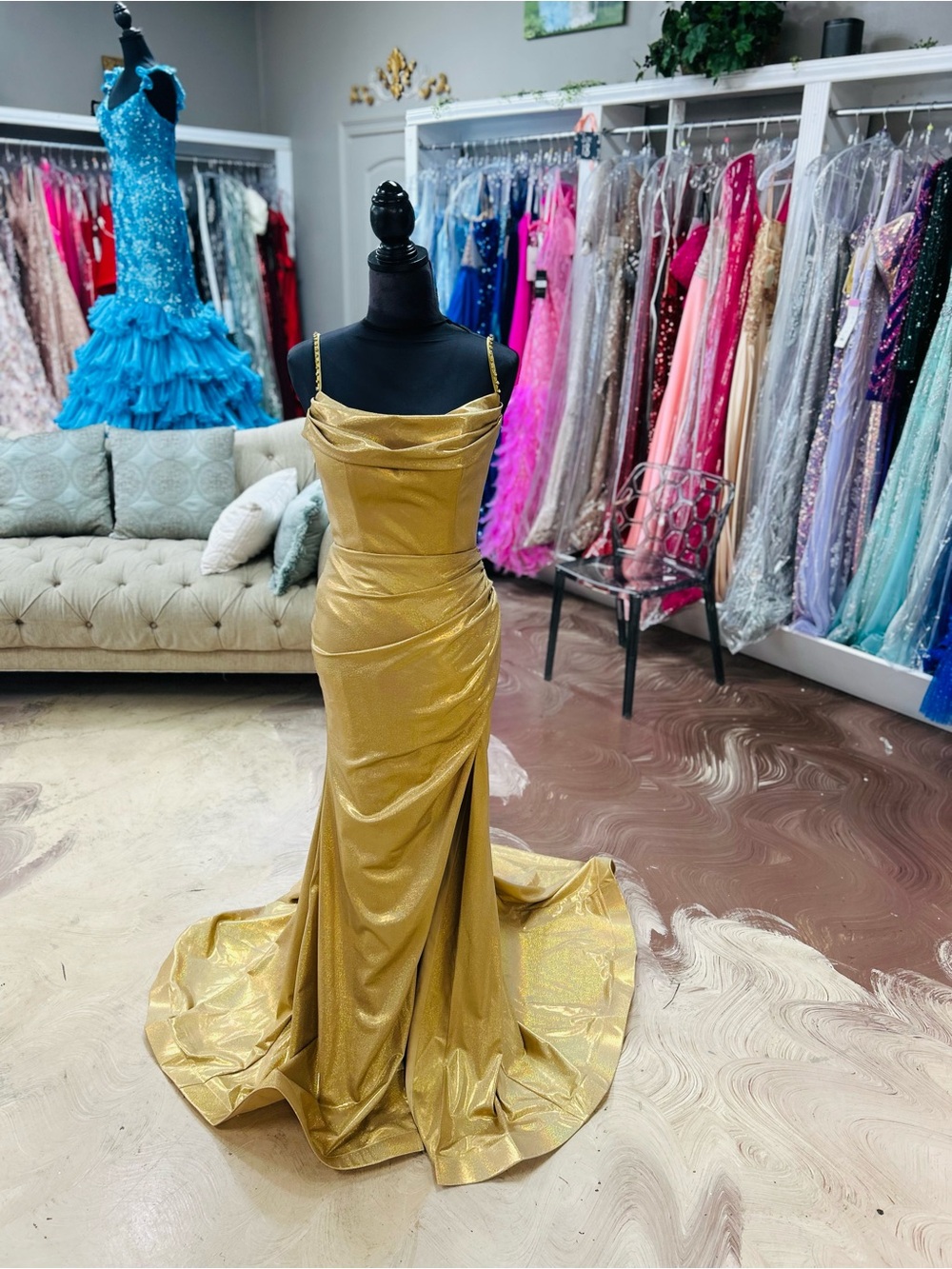 Gold Satin Prom Gown with Cowl Neck and Side Slit